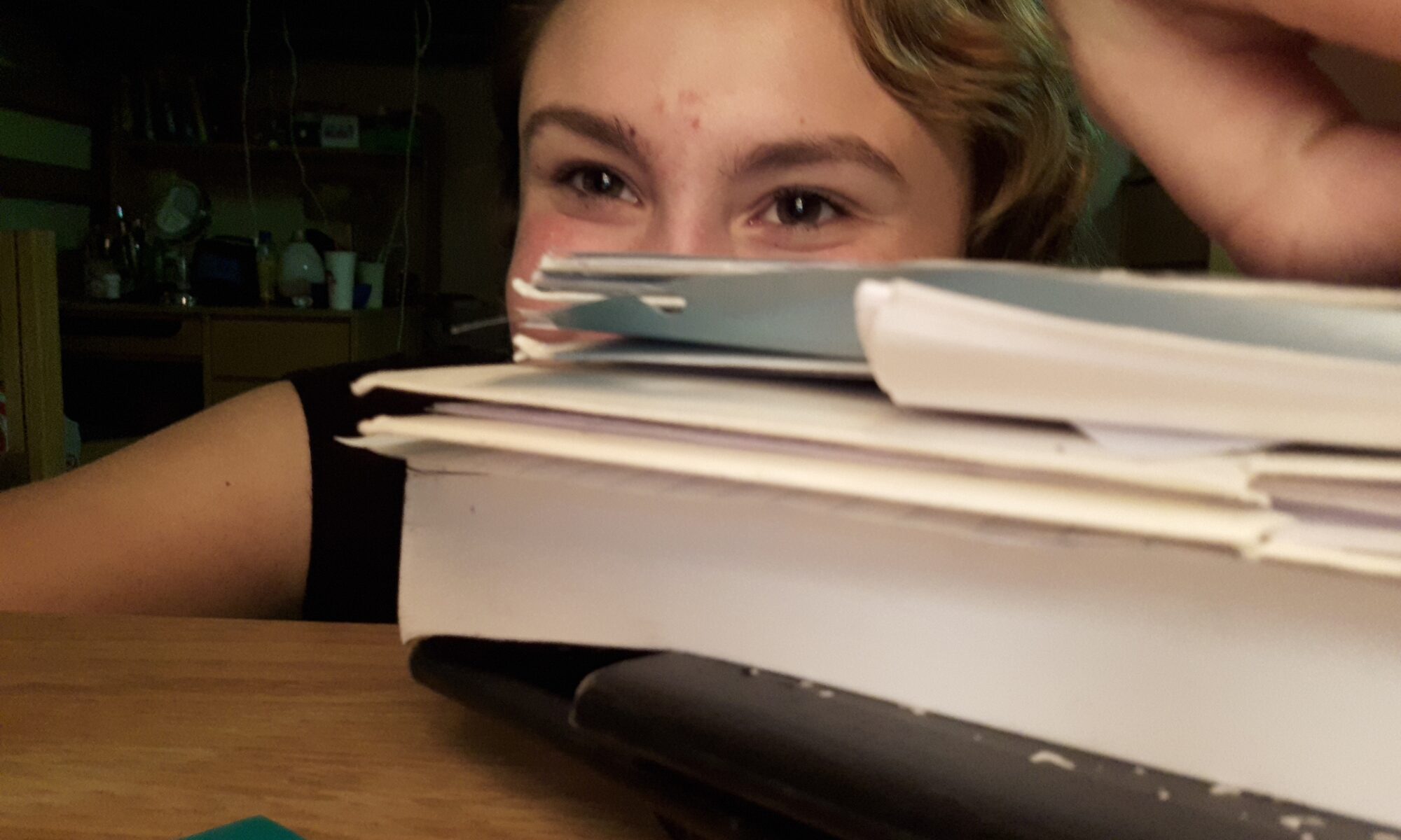 Maiah at Maryville College January 24, 2020 with stack of homework